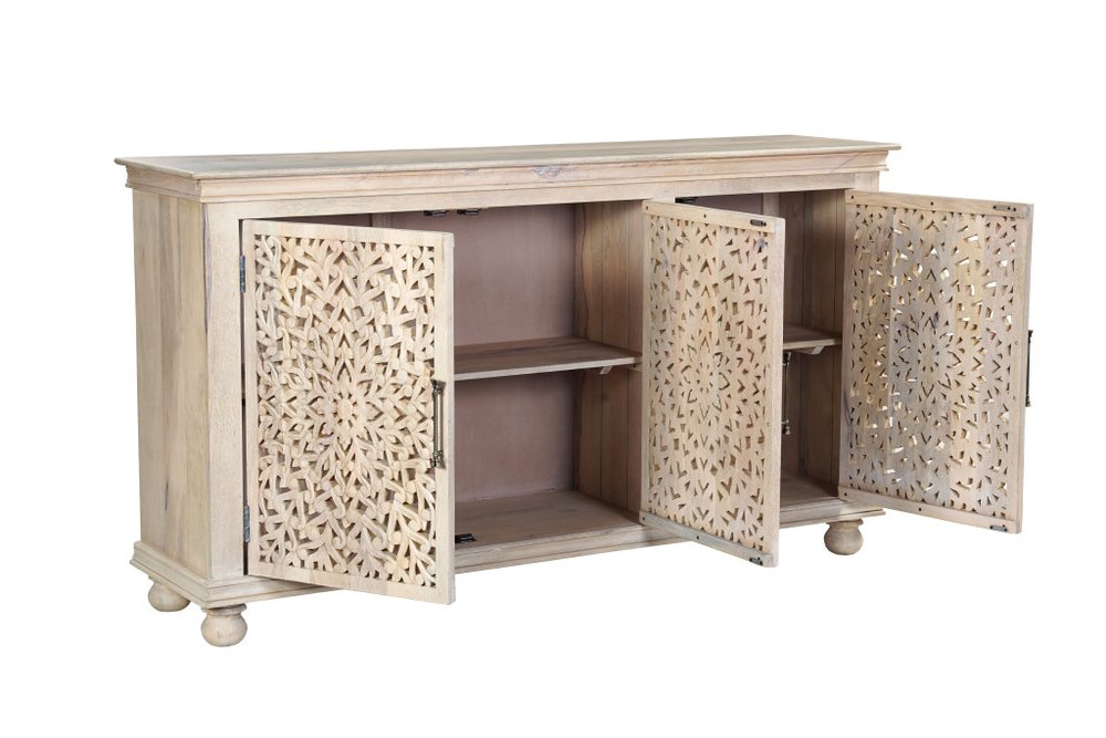 72" White Solid Wood Carved Floral Sideboard With Three Doors