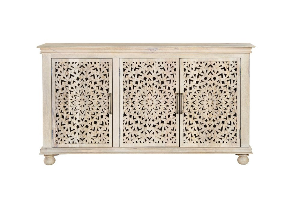 72" White Solid Wood Carved Floral Sideboard With Three Doors
