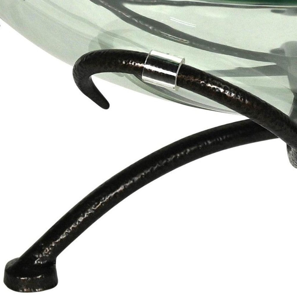 13" Clear And Black Glass And Metal Round Decorative Bowl With Stand
