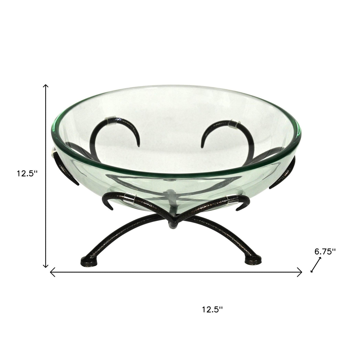 13" Clear And Black Glass And Metal Round Decorative Bowl With Stand