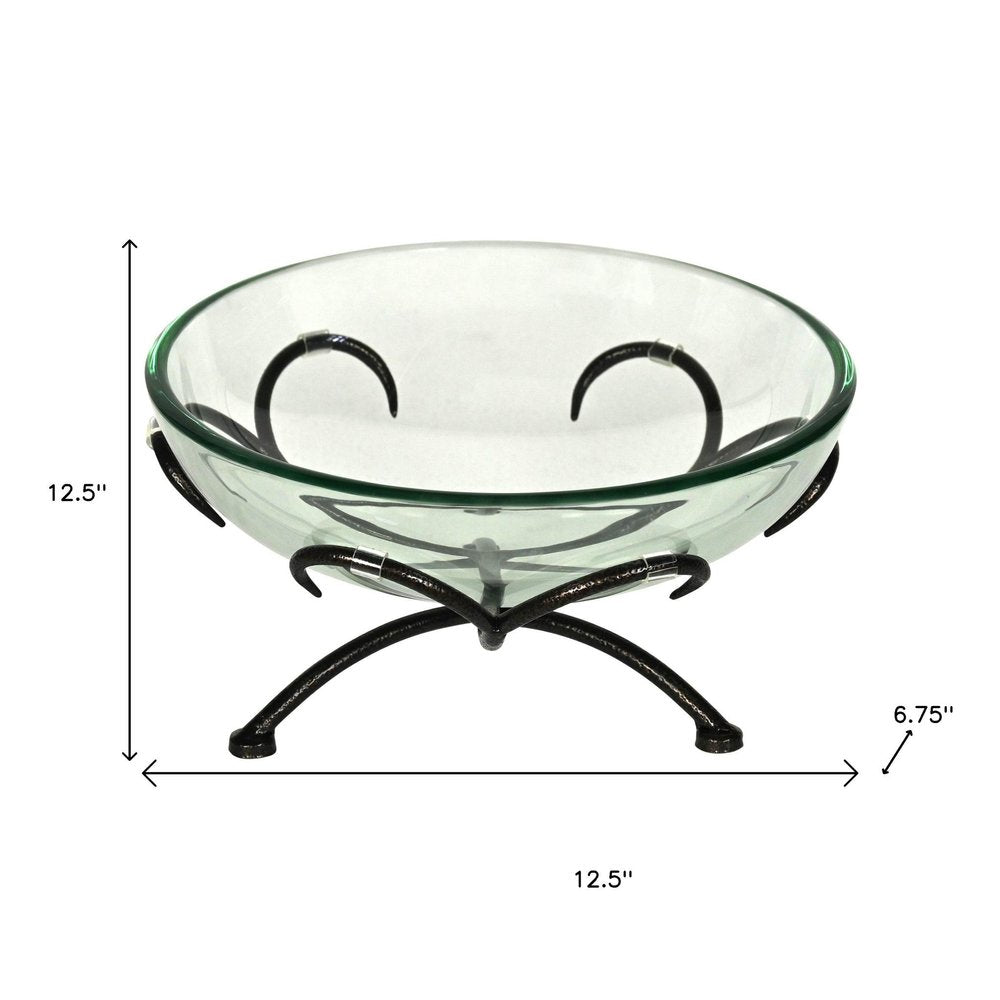 13" Clear And Black Glass And Metal Round Decorative Bowl With Stand