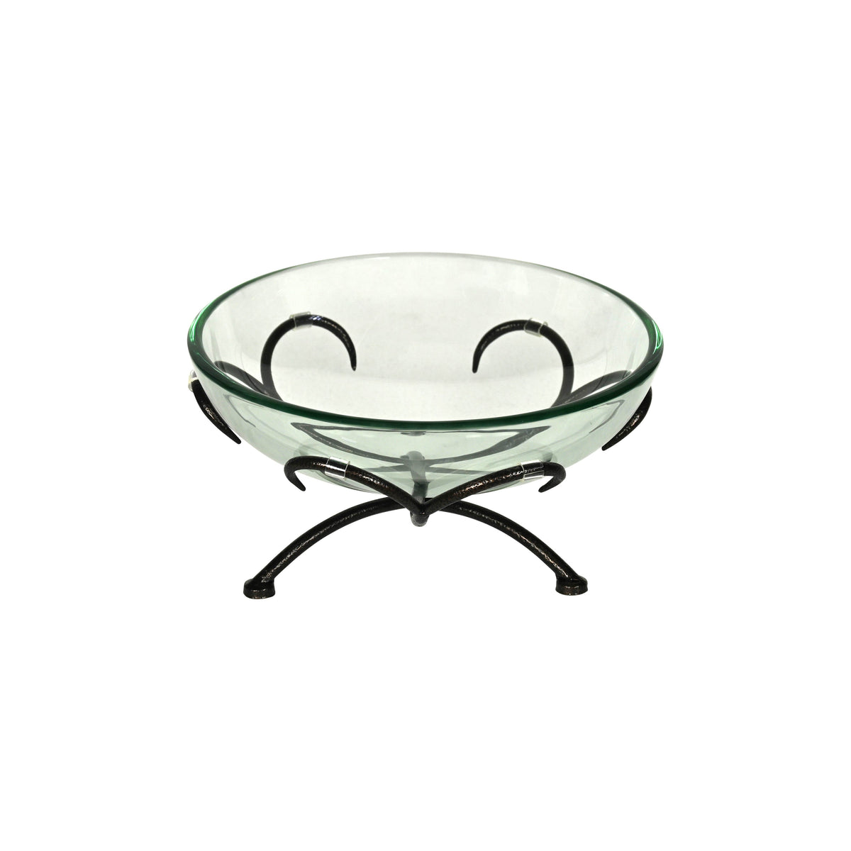 13" Clear And Black Glass And Metal Round Decorative Bowl With Stand