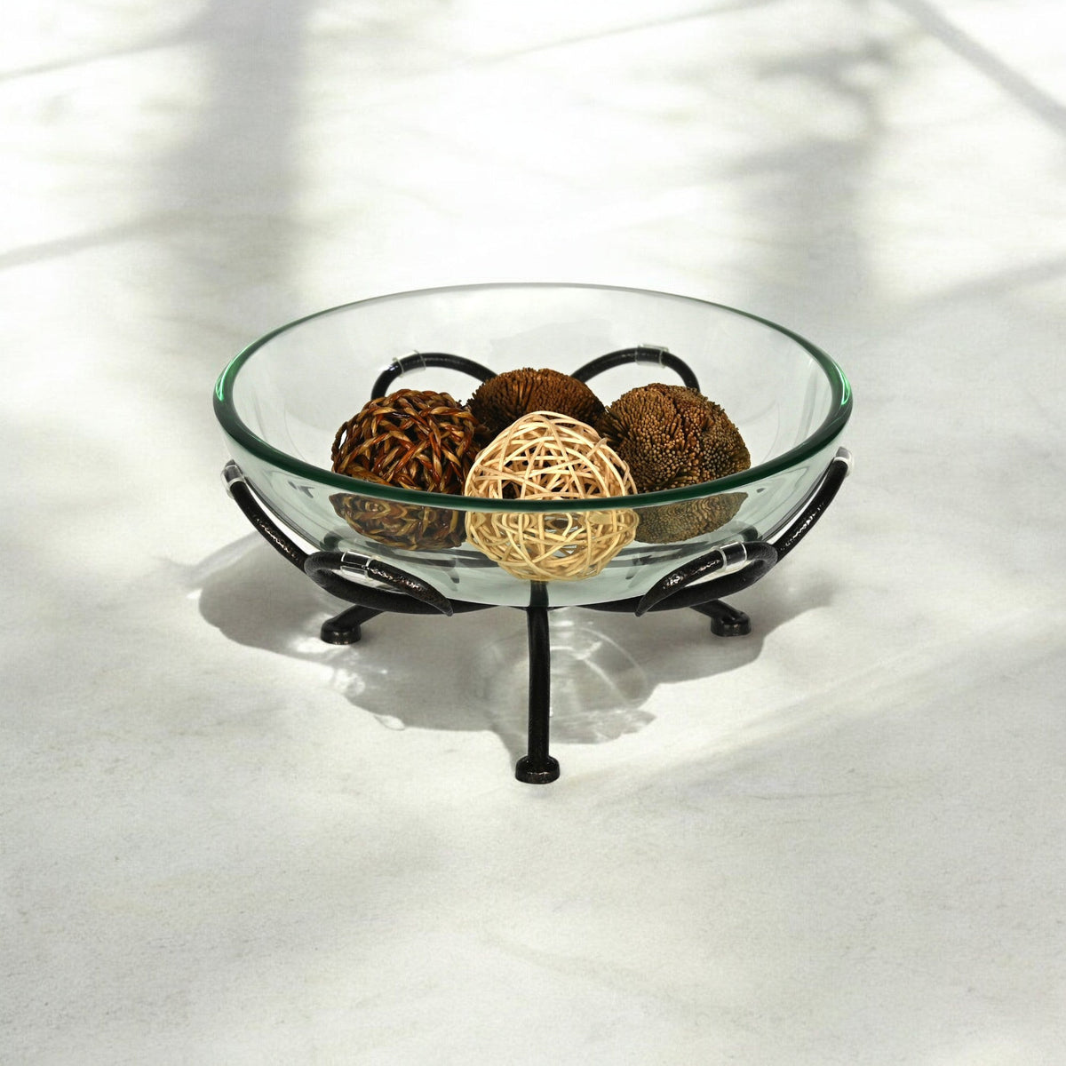 13" Clear And Black Glass And Metal Round Decorative Bowl With Stand
