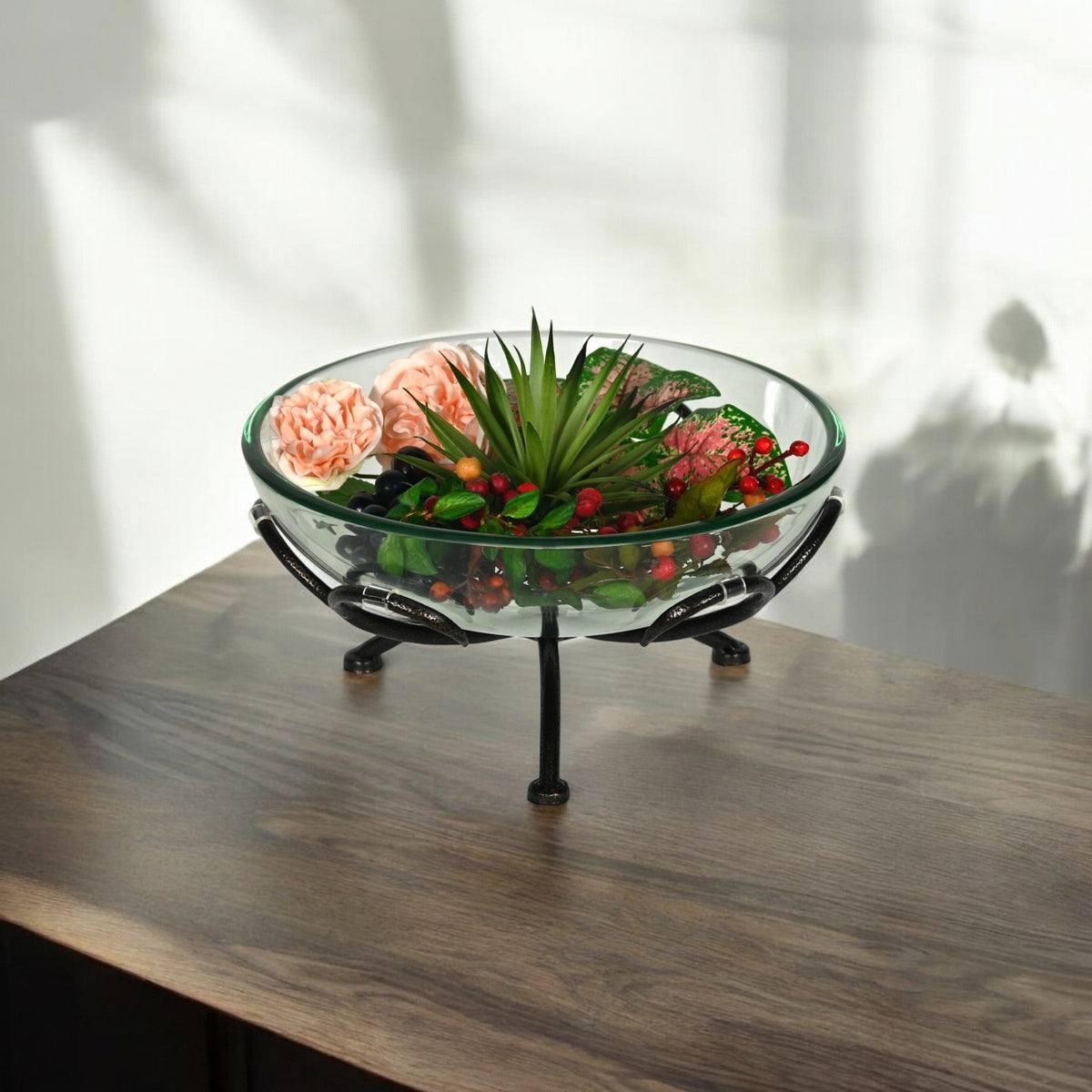 13" Clear And Black Glass And Metal Round Decorative Bowl With Stand