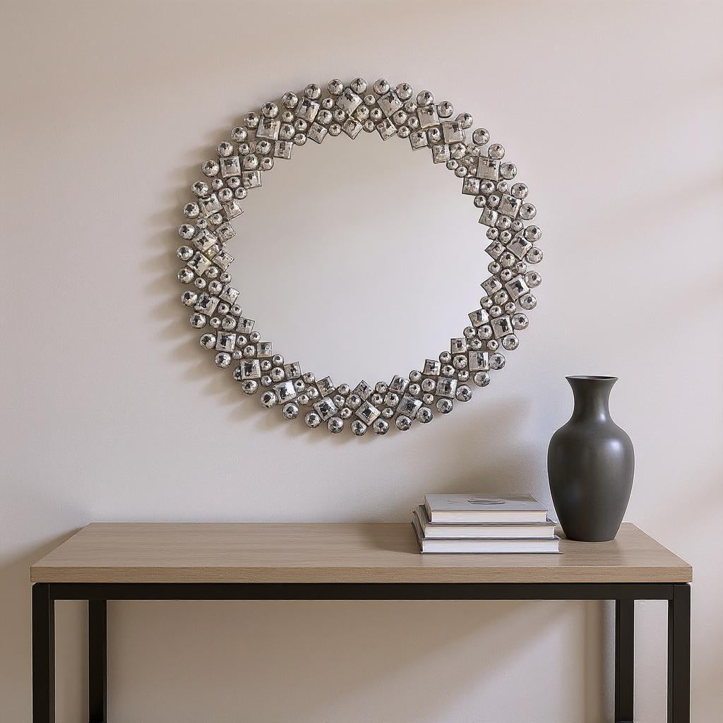20" Silver Round Faux Crystal Bling Framed Accent Mirror