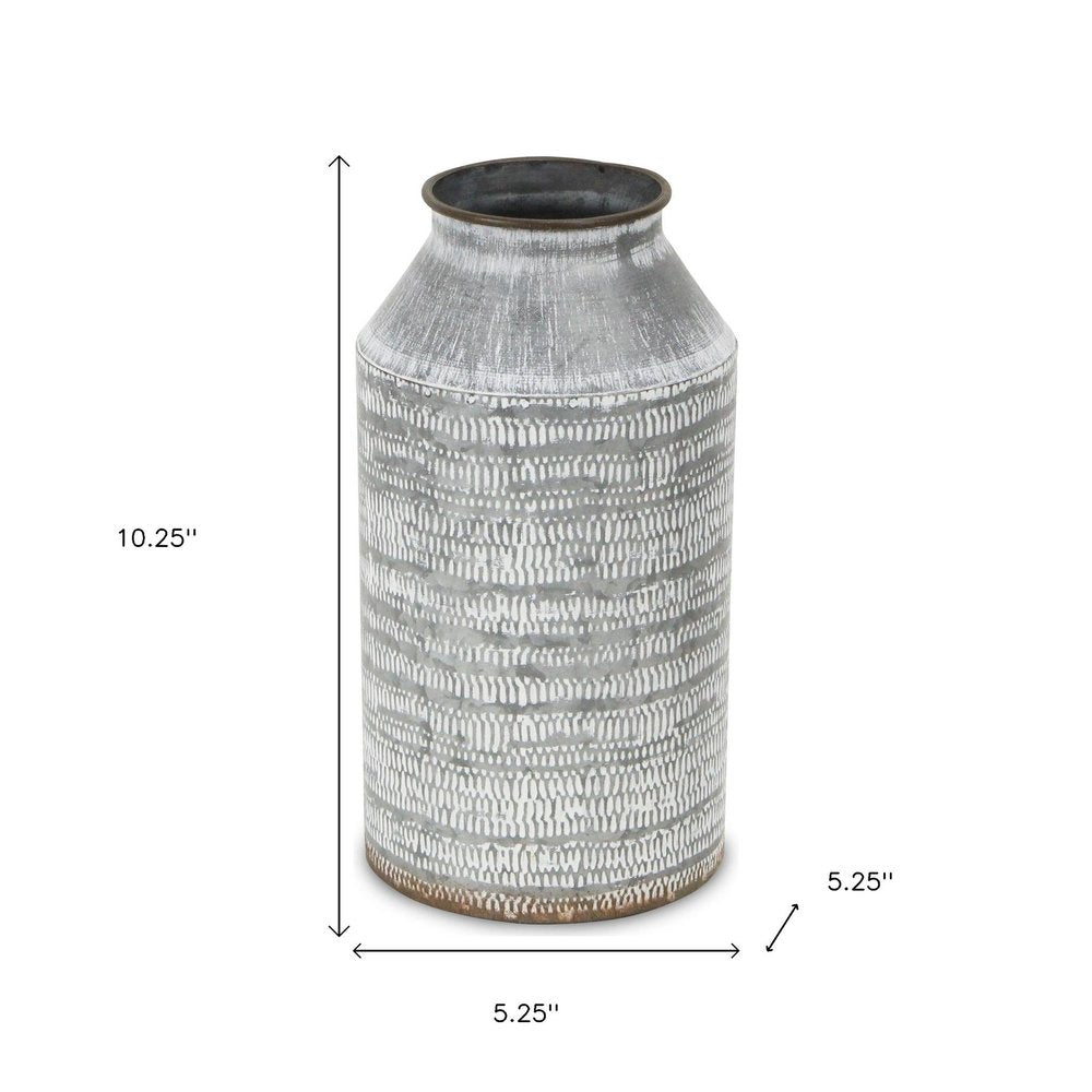 10" Gray Galvanized Metal Geometric Patterned Jug Vase