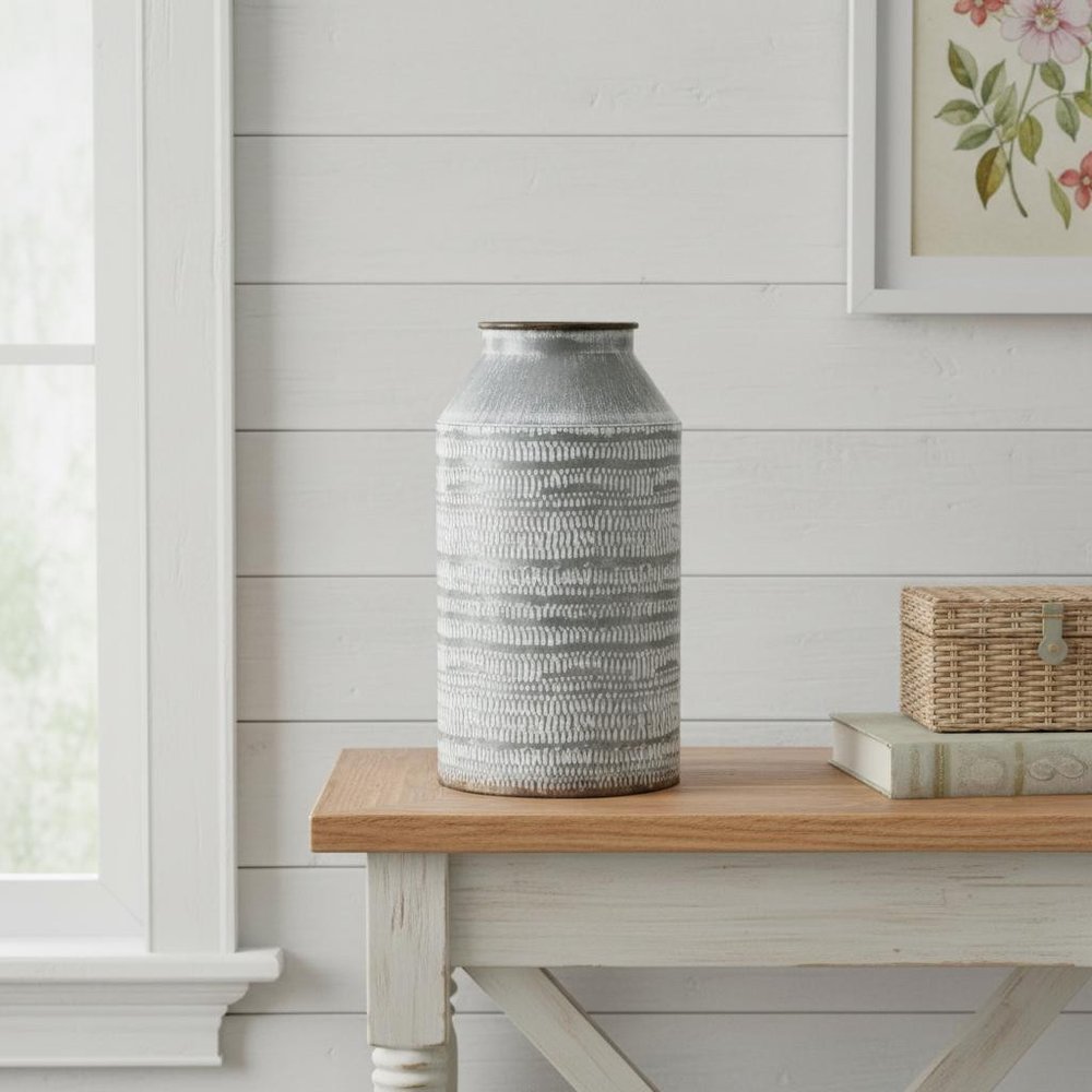 10" Gray Galvanized Metal Geometric Patterned Jug Vase
