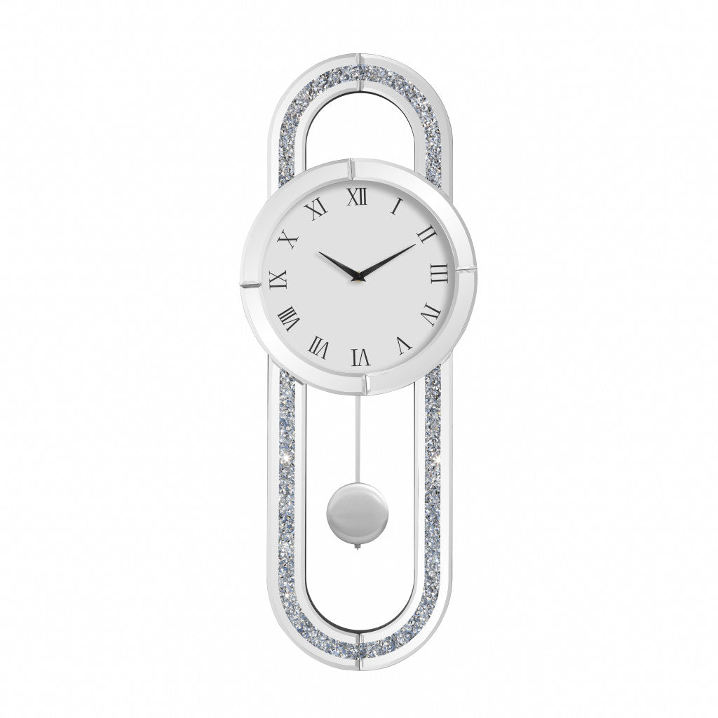 15" Silver Faux Crystal And Mirrored Glass Silent Analog Oval Wall Clock