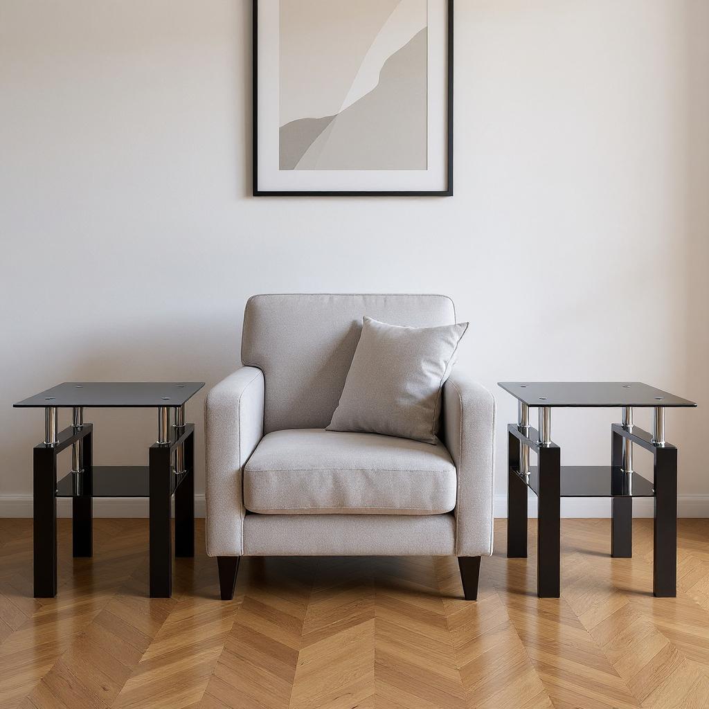 Set of Two Black Glass and Steel Square End Tables With Shelf