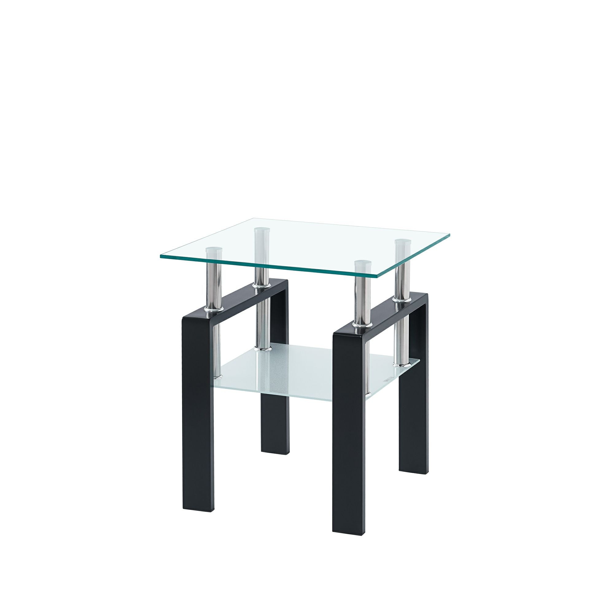 20" Clear and Black Glass and Steel Square End Tables With Shelf