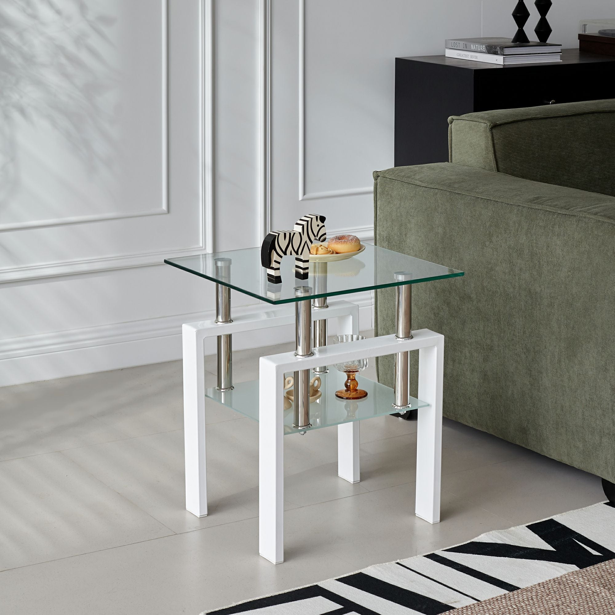 20" Clear and White Glass and Metal Square End Table With Shelf