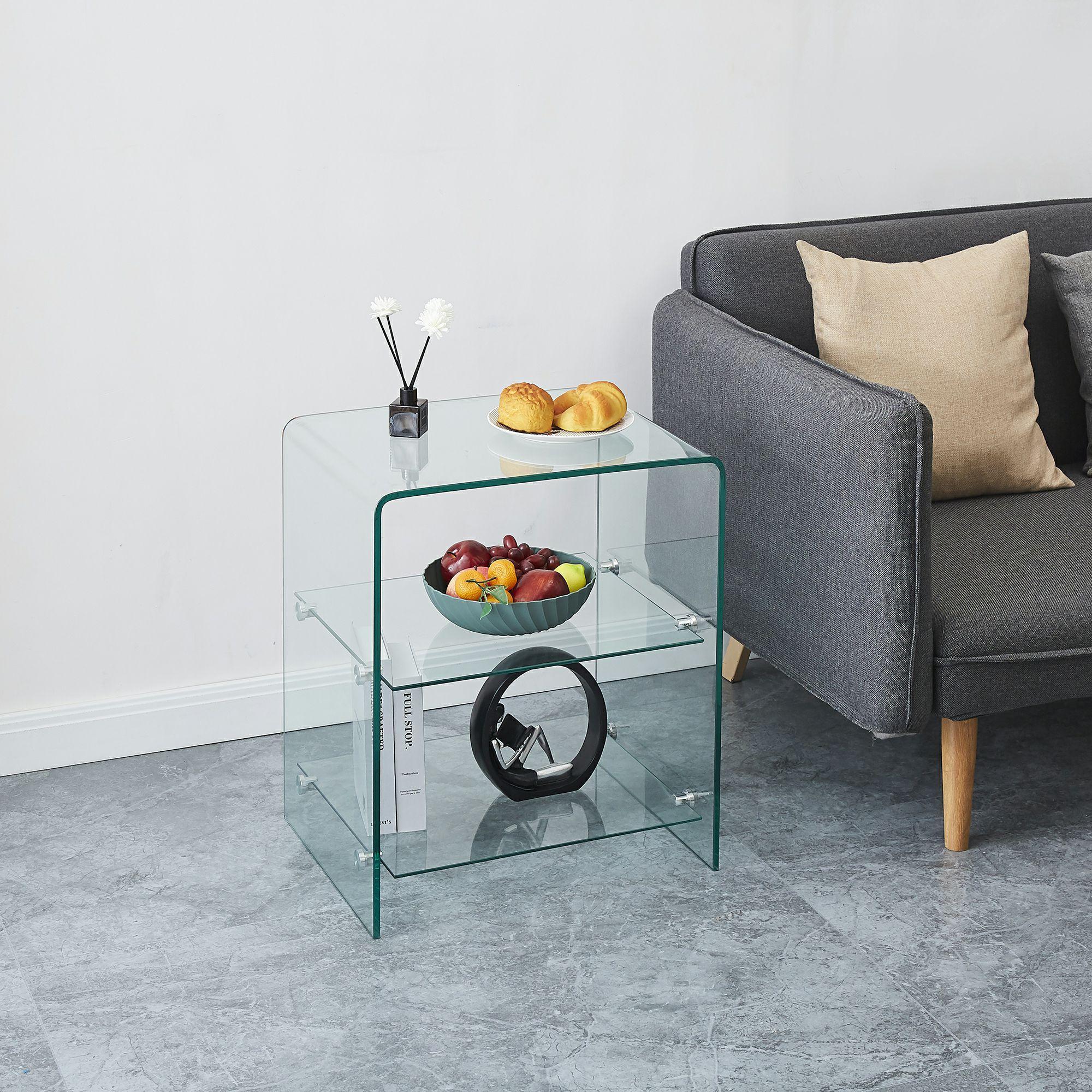 18" Clear Glass Floor Shelf End Table With Two Shelves