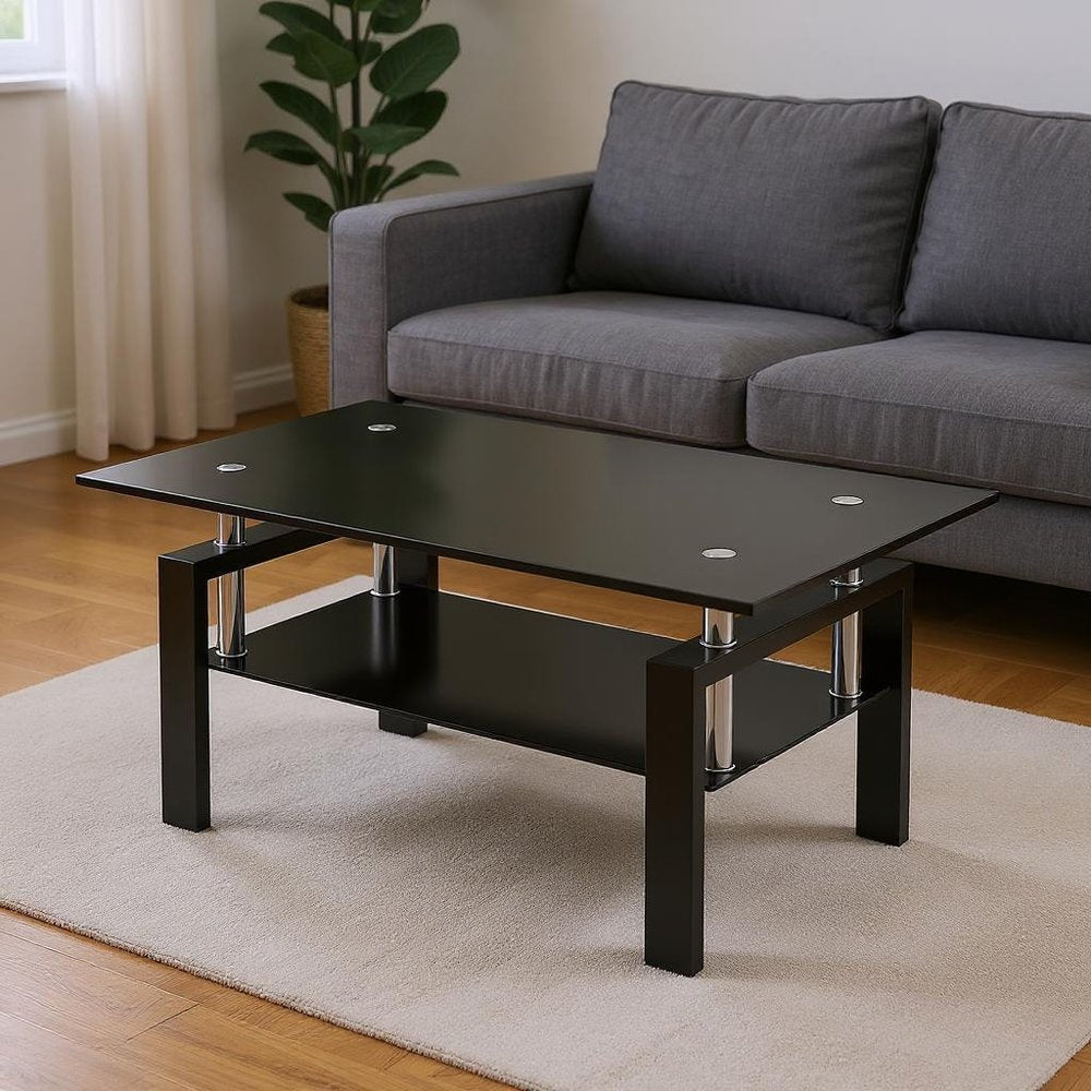 39" Black Glass and Steel Coffee Table
