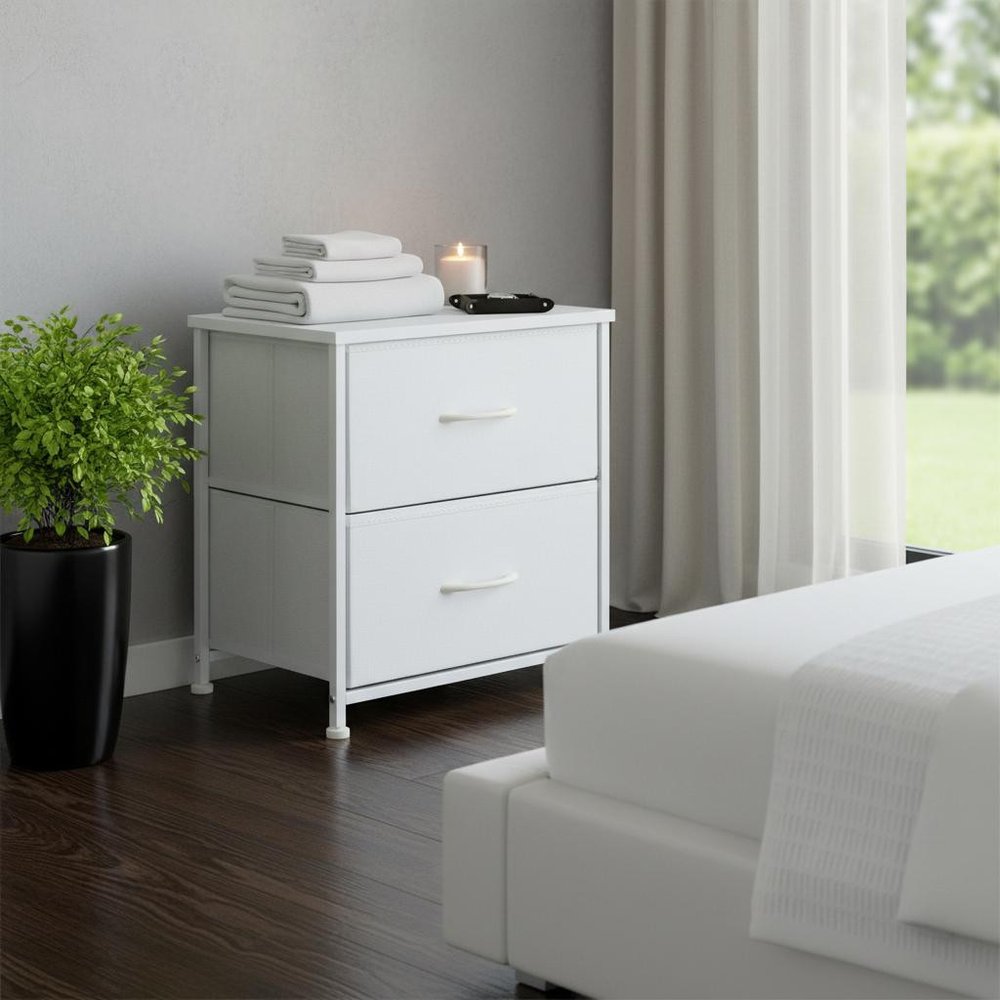 20" White Iron and Wood Woven Texture Two Drawer Nightstand