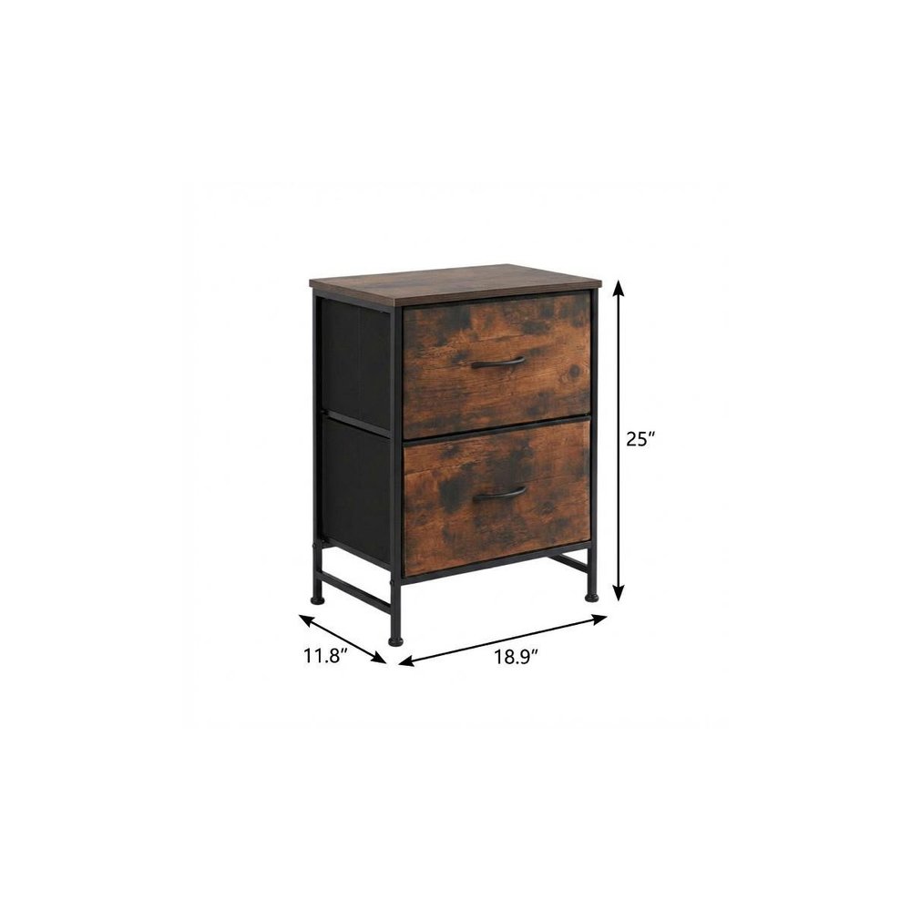 25" Black Iron and Wood Distressed Two Drawer Nightstand