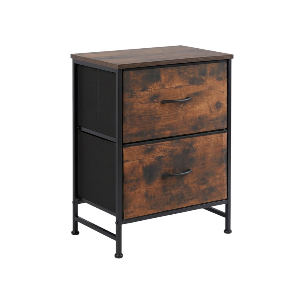 25" Black Iron and Wood Distressed Two Drawer Nightstand