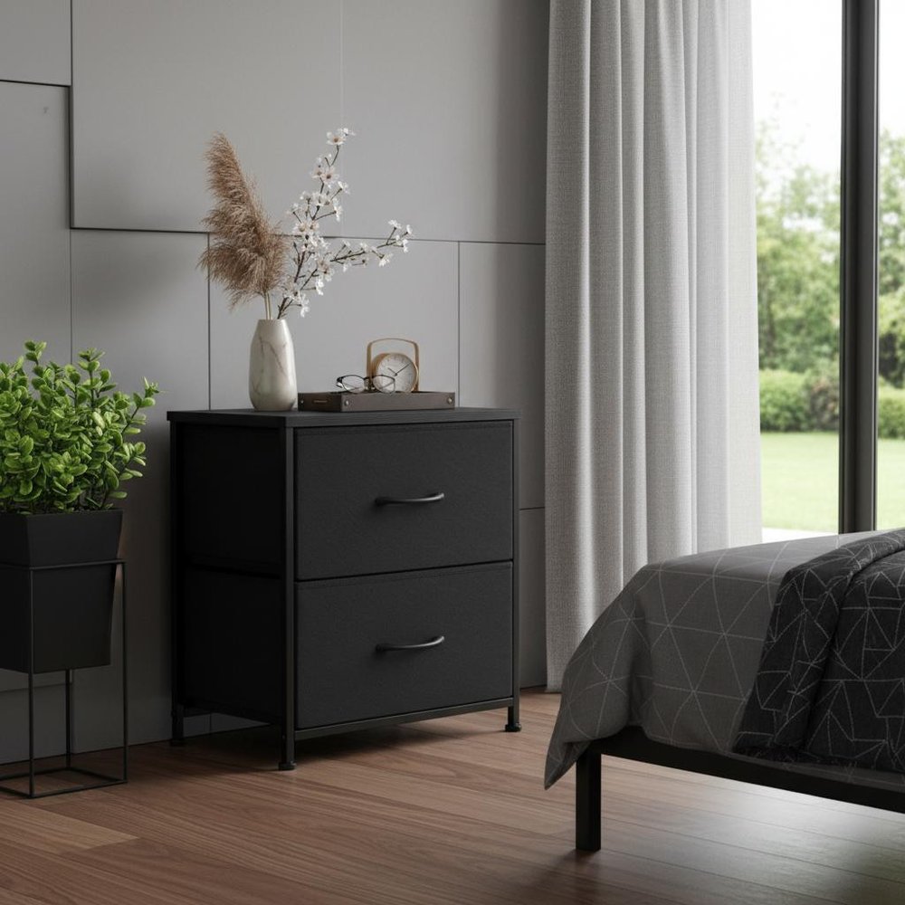 20" Black Iron and Wood Two Drawer Nightstand
