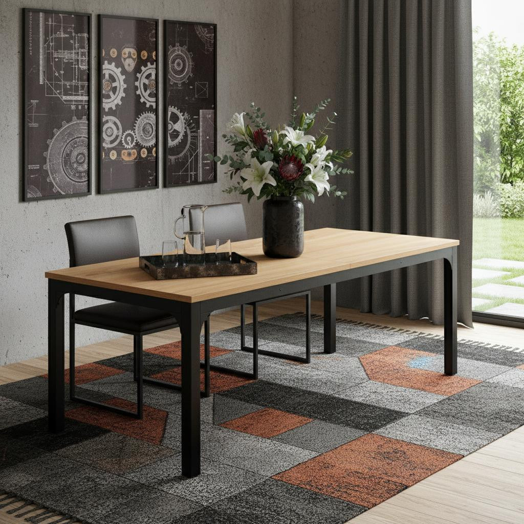 46" Natural and Black Wood and Iron Dining Table