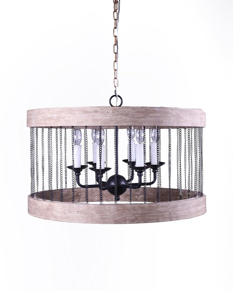 Black And Natural Wood and Metal Cylinder Six Light Dimmable Chandelier
