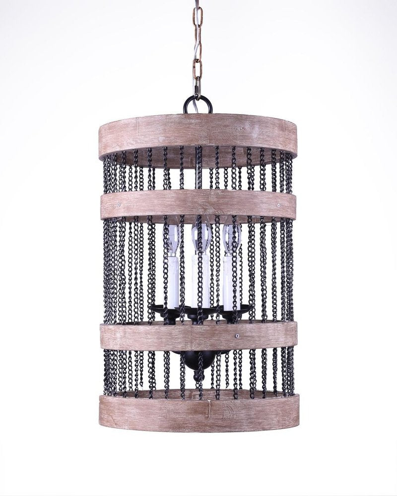 Black And Natural Wood and Metal Cylinder Three Light Dimmable Chandelier