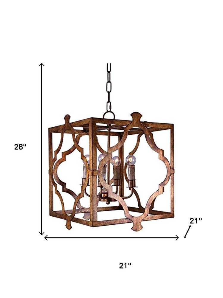 Antiqued Bronze Square And Quatrefoil Metal Dimmable Chandelier