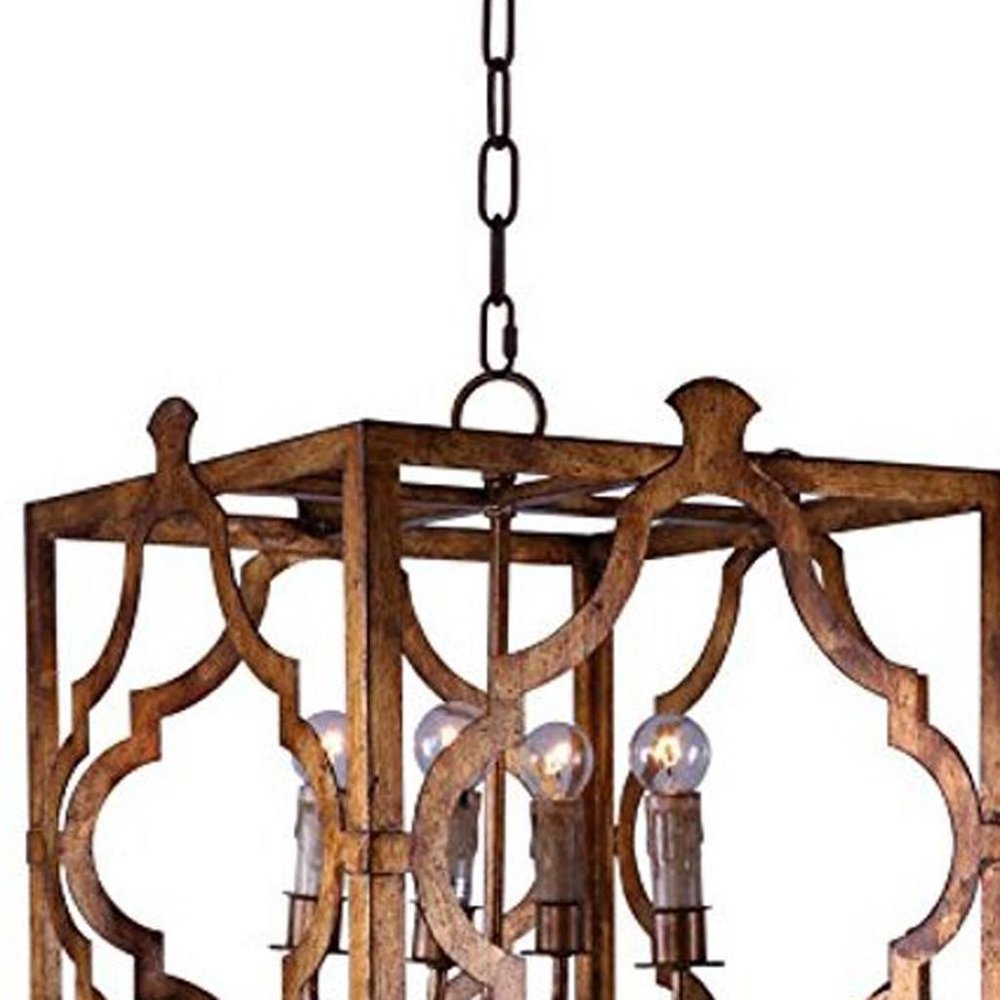 Antiqued Bronze Square And Quatrefoil Metal Dimmable Chandelier