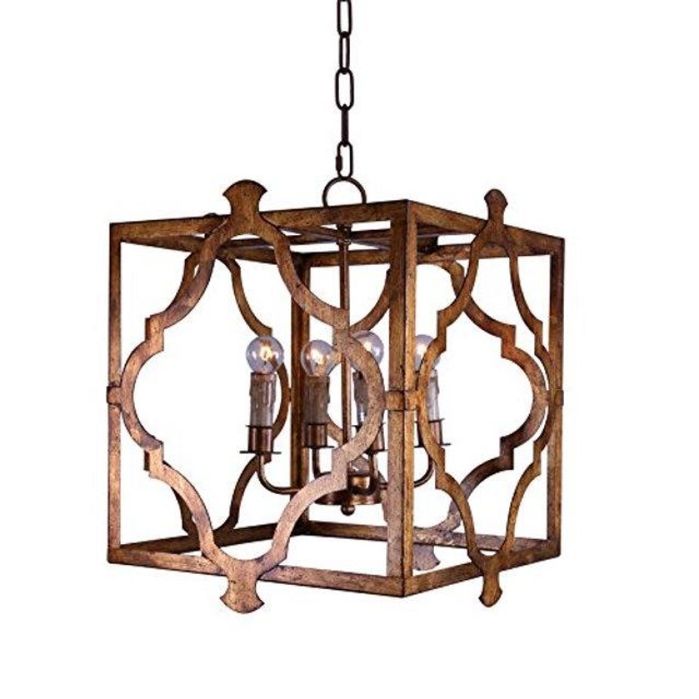 Antiqued Bronze Square And Quatrefoil Metal Dimmable Chandelier