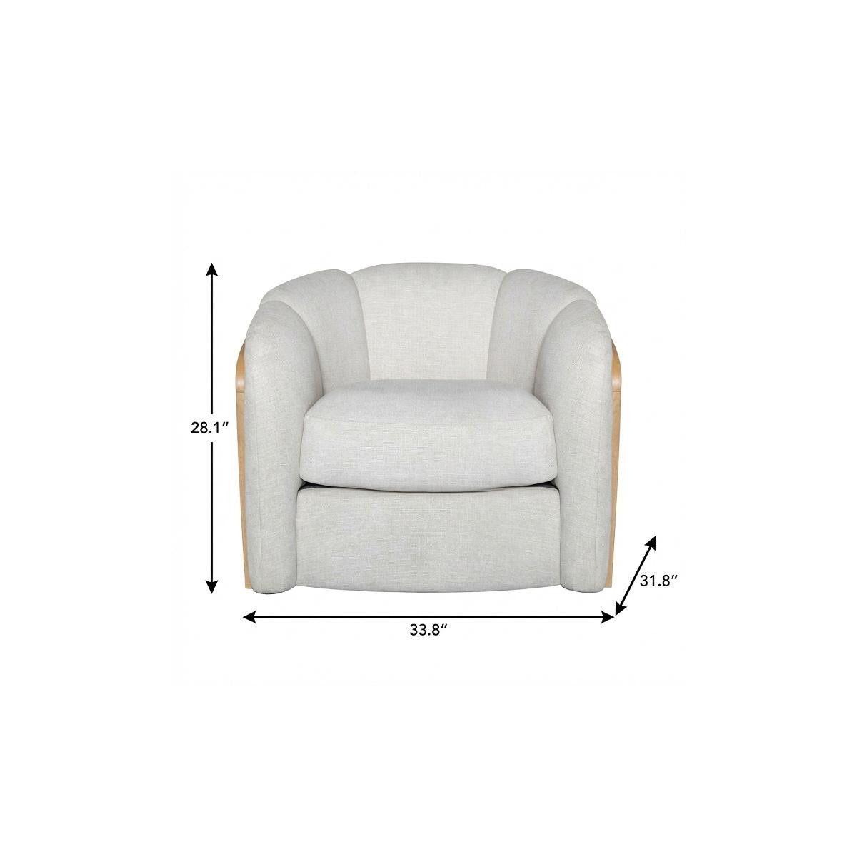 34" Off White and Natural Fabric Wood And Rattan Swivel Arm Chair