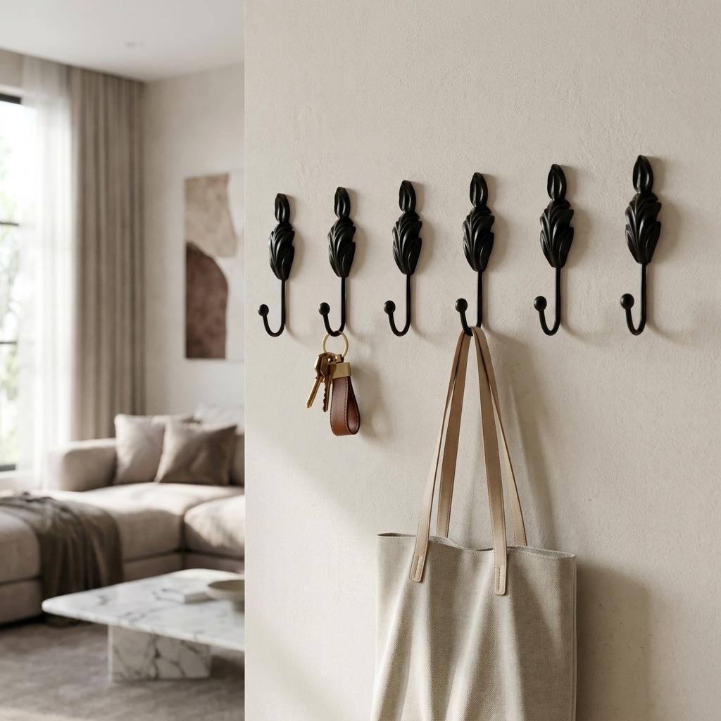 Set of Six Black Steel Feather Wall Hooks