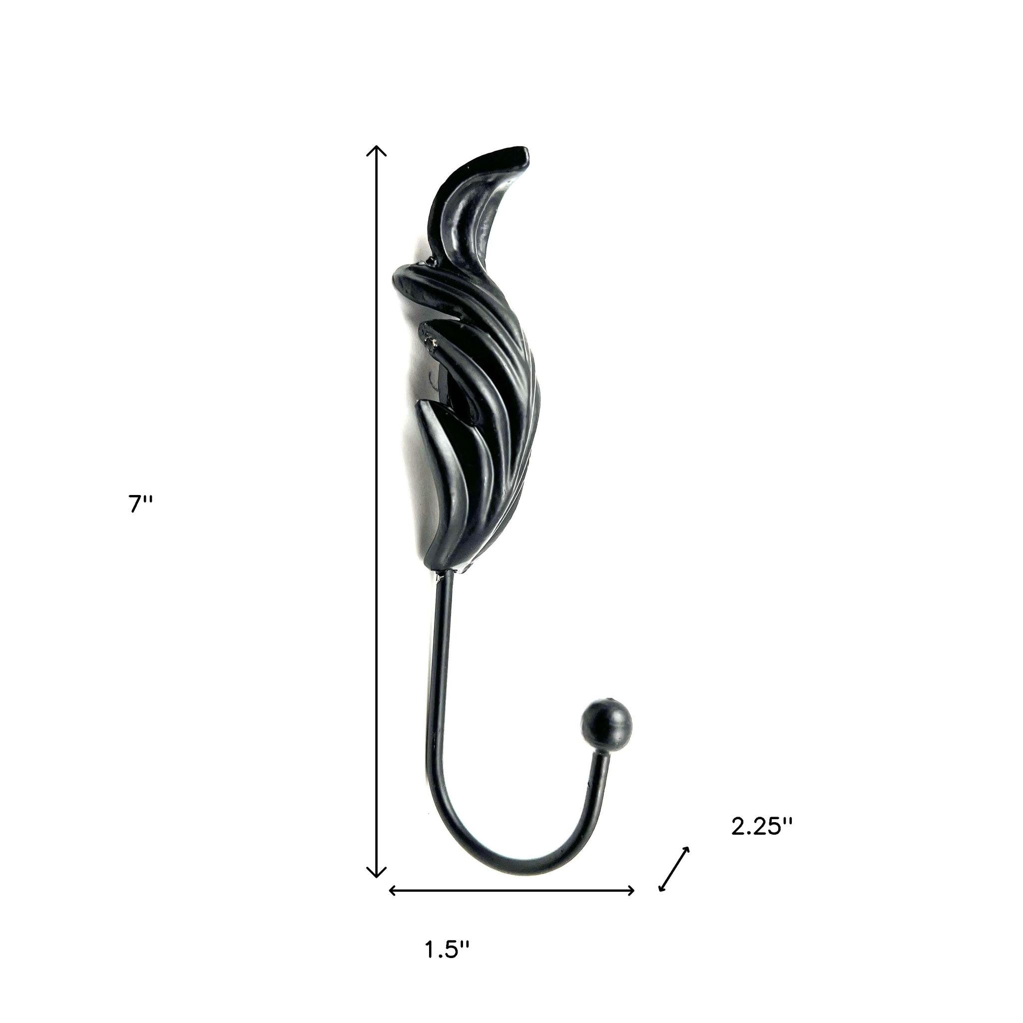 Set of Six Black Steel Feather Wall Hooks