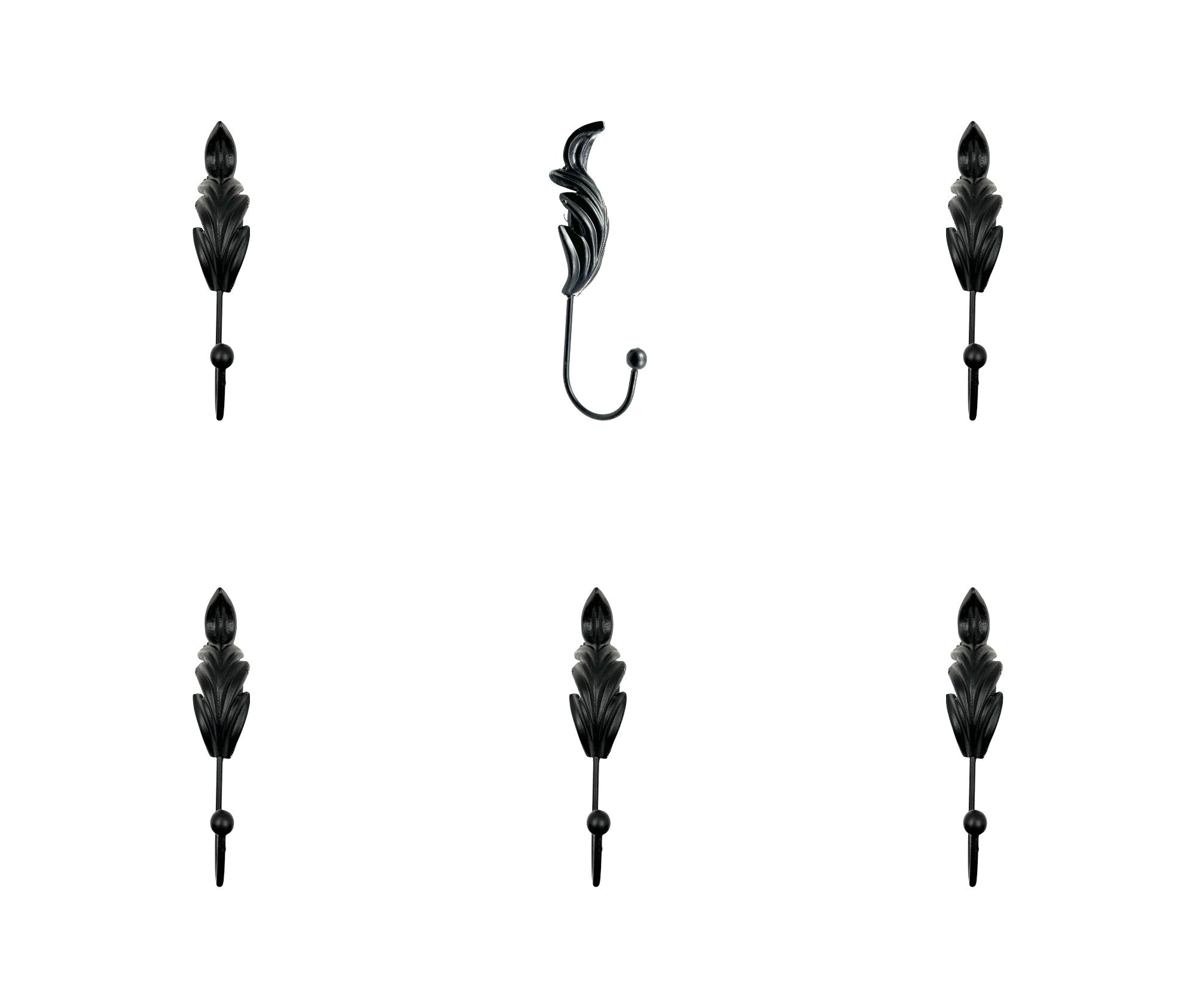Set of Six Black Steel Feather Wall Hooks