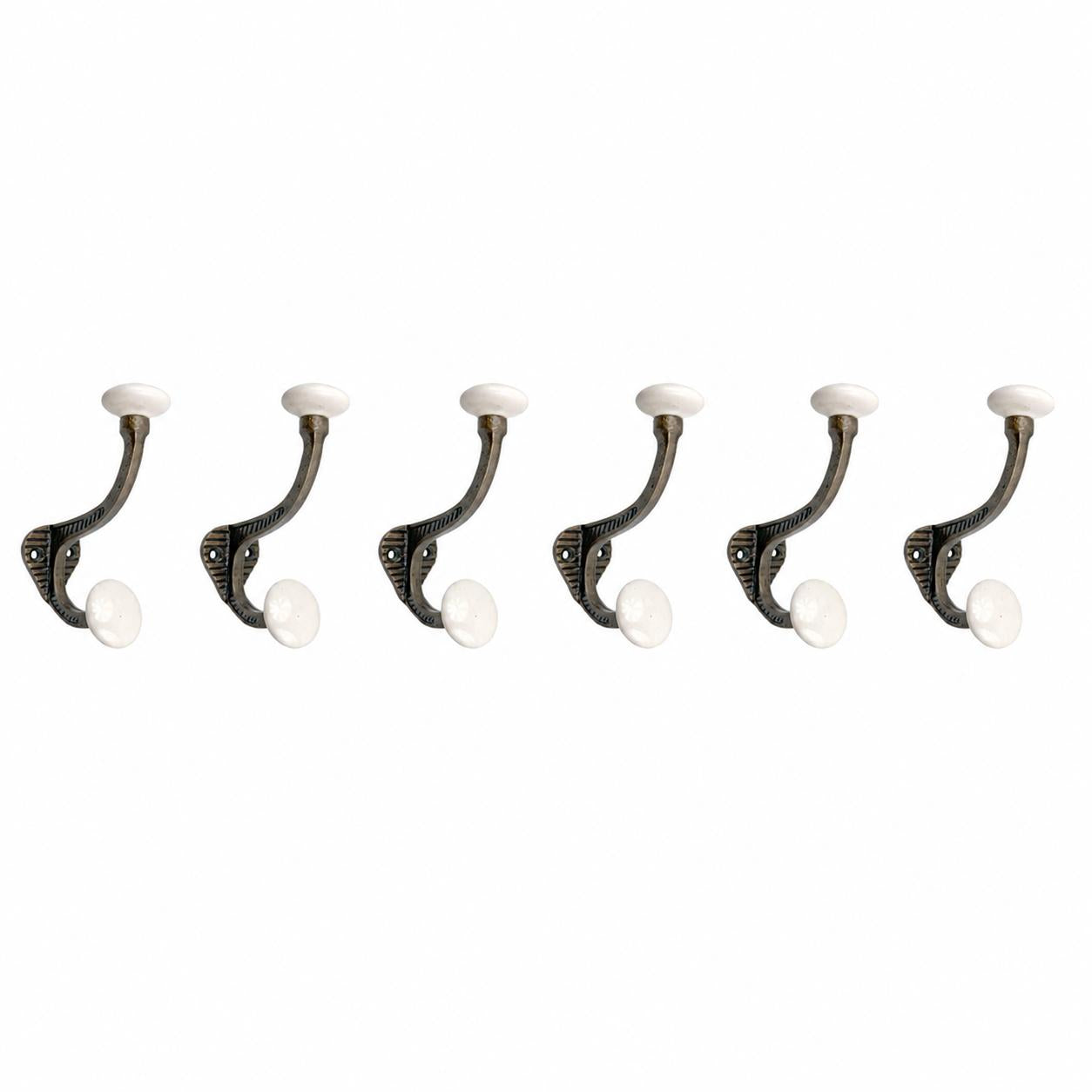Set of Six Bronze And White Cast Iron And Ceramic Double Wall Hooks