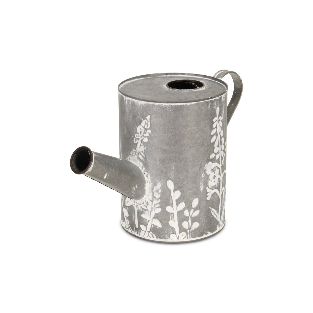8" Gray And White Galvanized Metal Flowers Hand Painted Decorative Watering Can