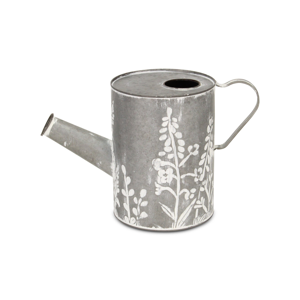 8" Gray And White Galvanized Metal Flowers Hand Painted Decorative Watering Can