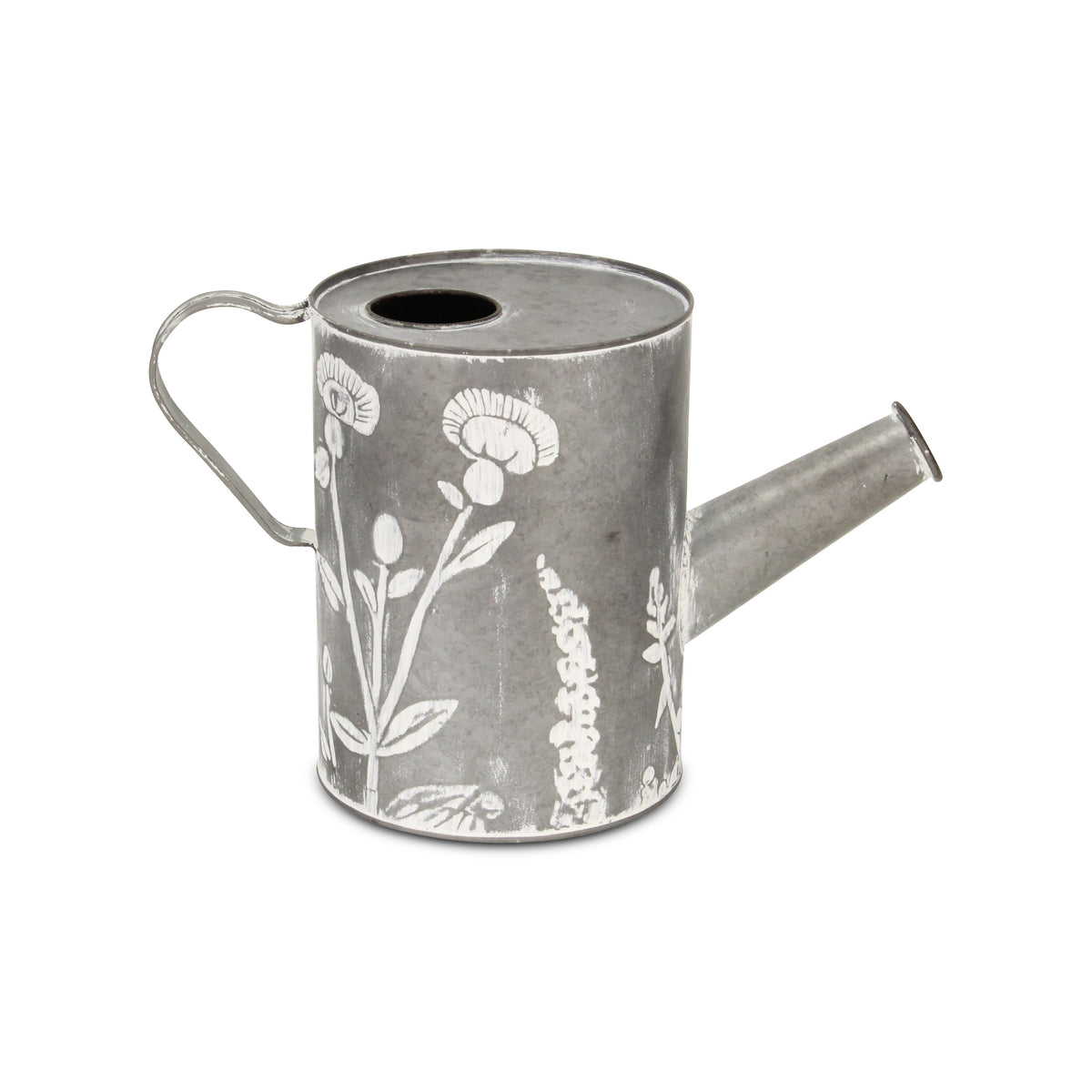 8" Gray And White Galvanized Metal Flowers Hand Painted Decorative Watering Can