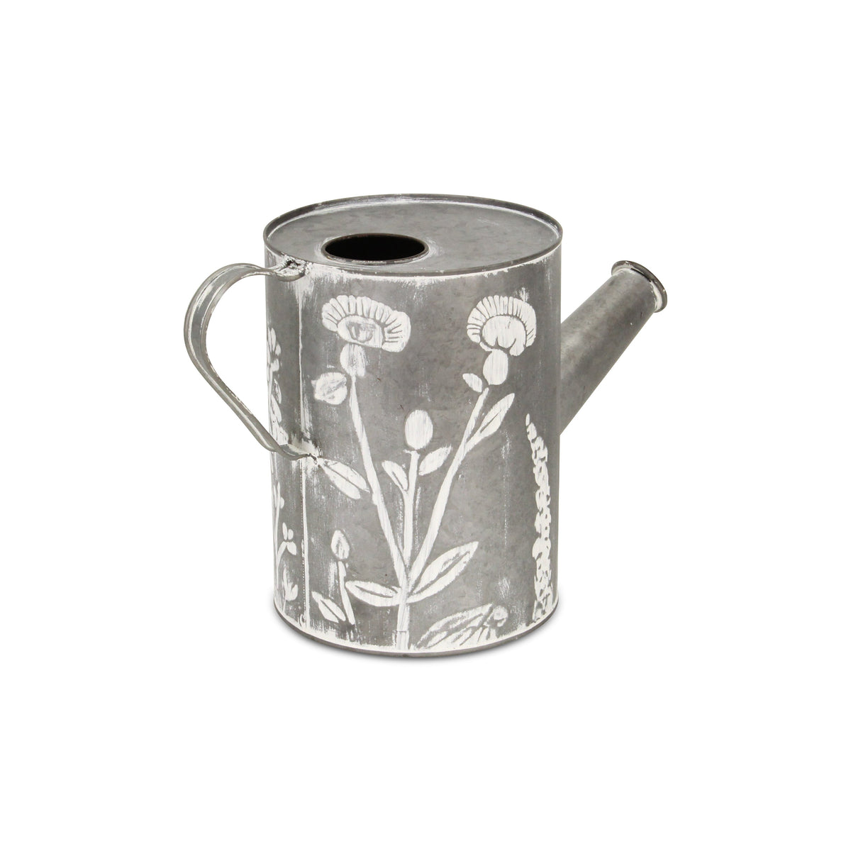 8" Gray And White Galvanized Metal Flowers Hand Painted Decorative Watering Can