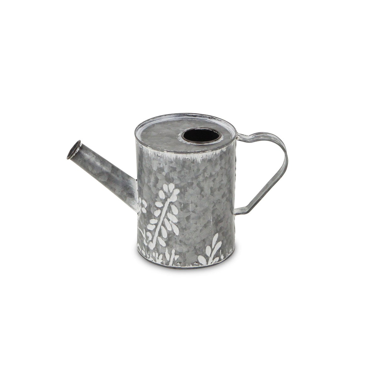 6" Gray And White Galvanized Metal Flowers Hand Painted Decorative Watering Can