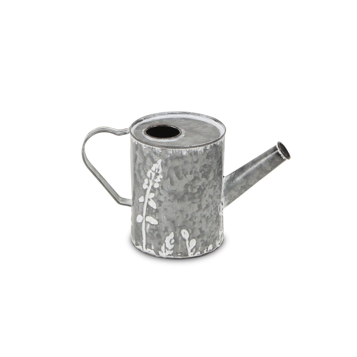 6" Gray And White Galvanized Metal Flowers Hand Painted Decorative Watering Can