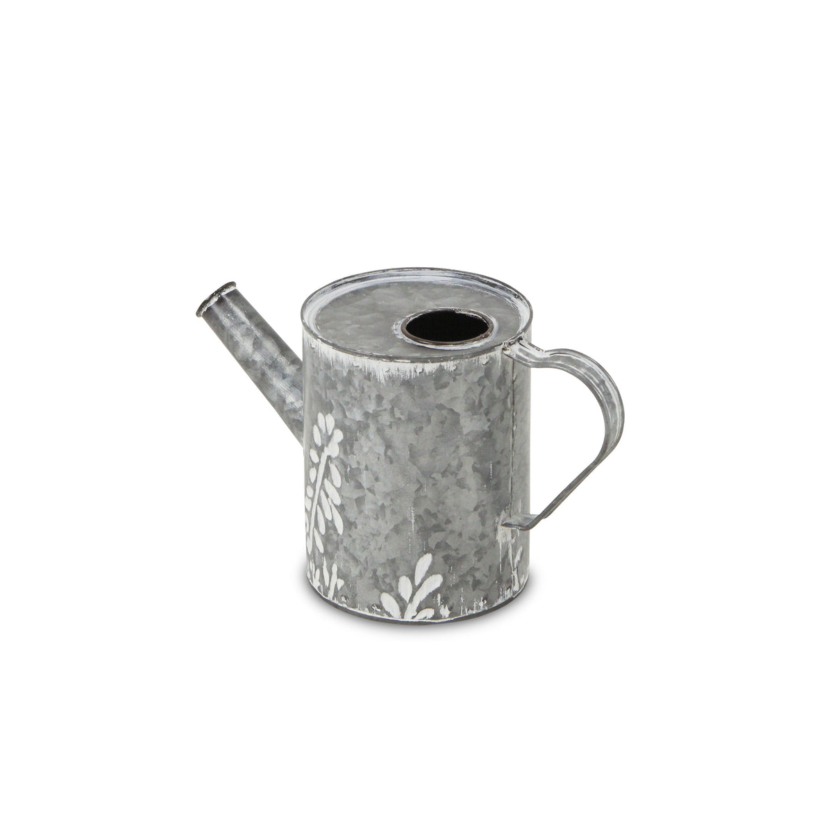6" Gray And White Galvanized Metal Flowers Hand Painted Decorative Watering Can