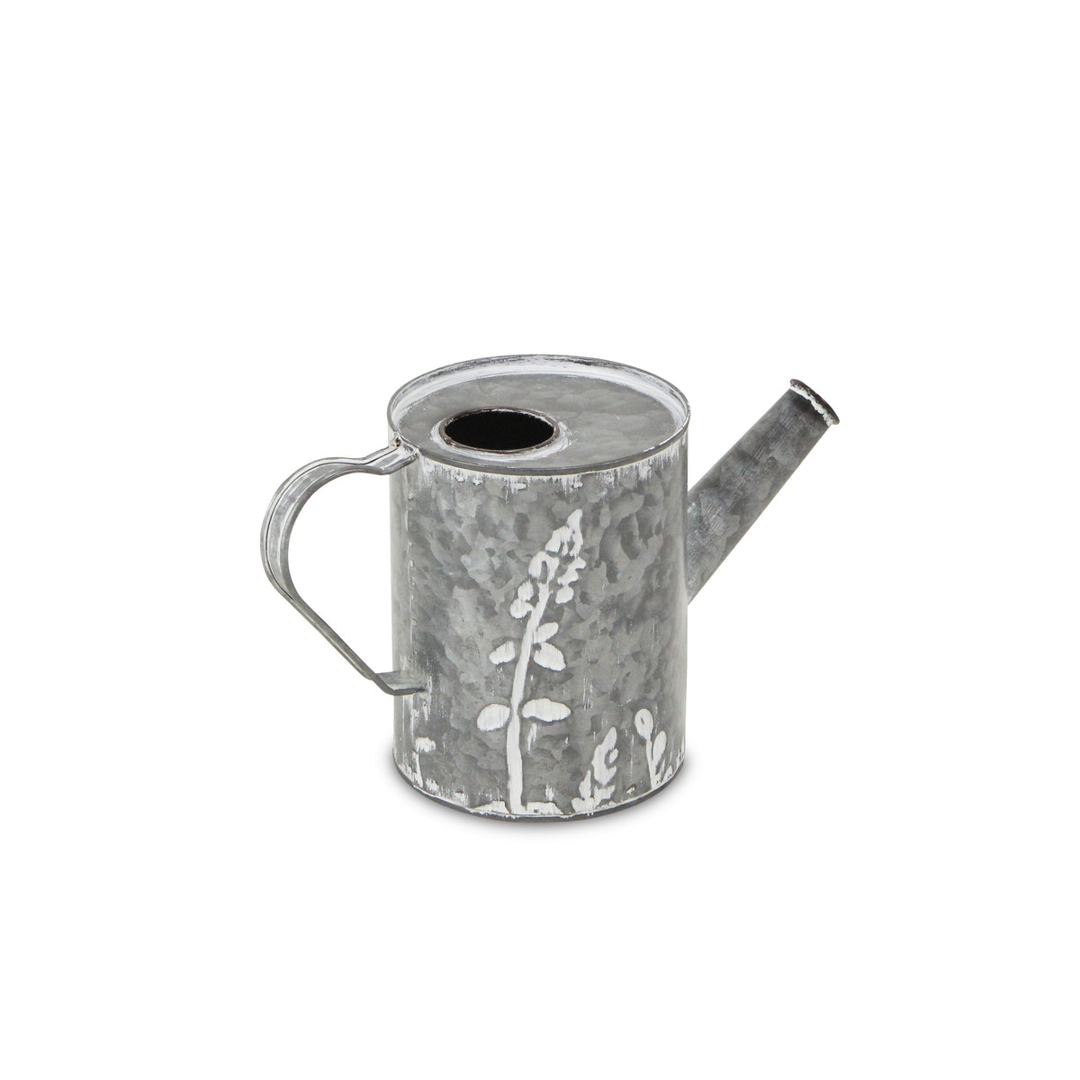 6" Gray And White Galvanized Metal Flowers Hand Painted Decorative Watering Can