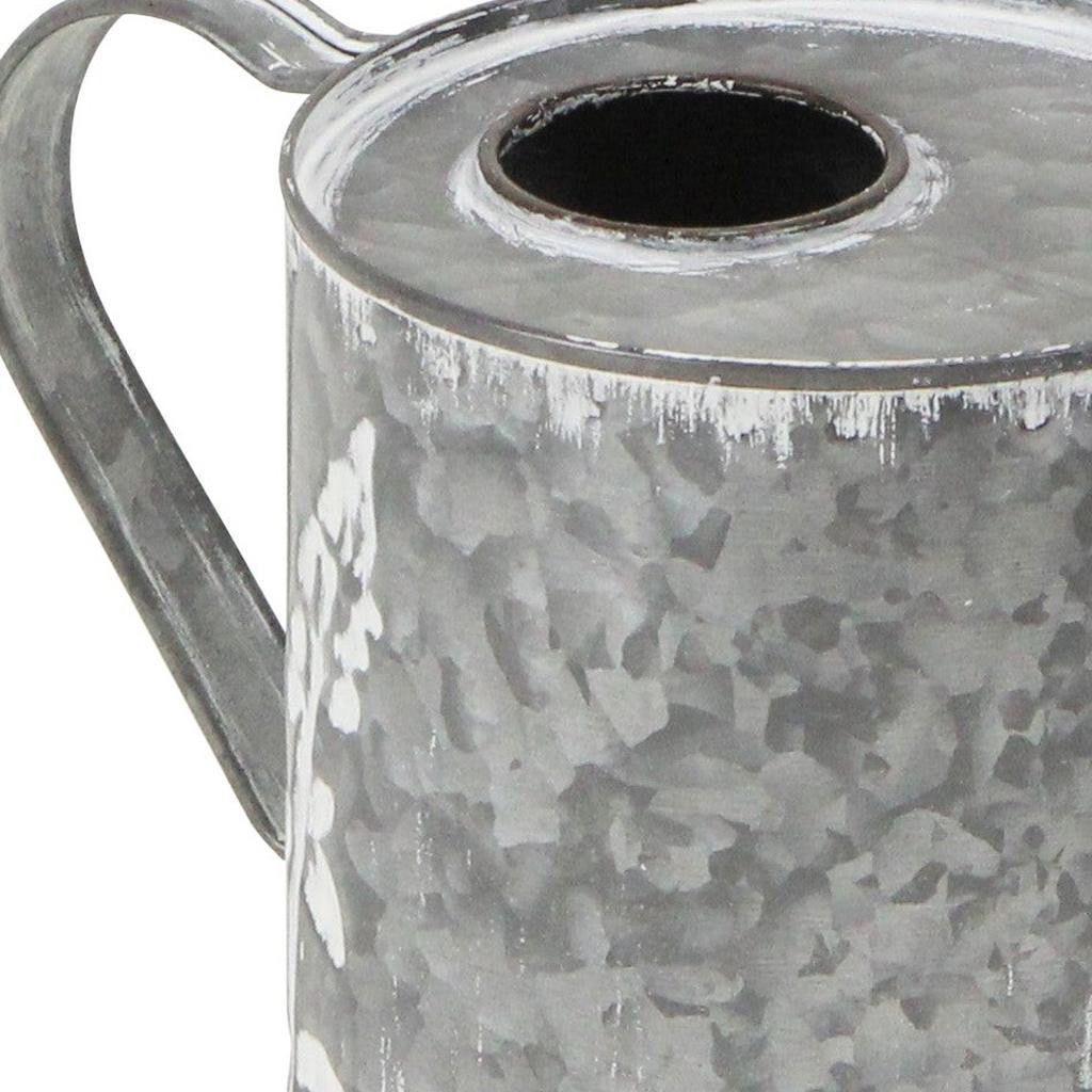 6" Gray And White Galvanized Metal Flowers Hand Painted Decorative Watering Can