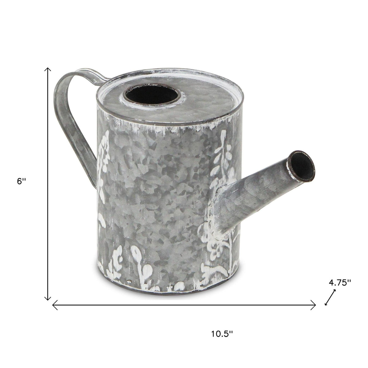 6" Gray And White Galvanized Metal Flowers Hand Painted Decorative Watering Can