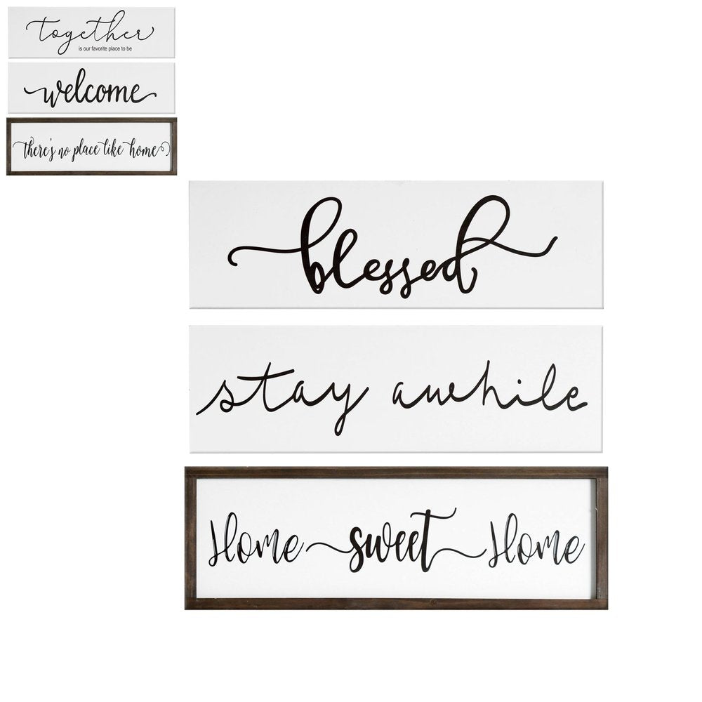24" X 9" White And Black "Bless", "Stay A While", "Home Sweet Home" Wood Wall Decor