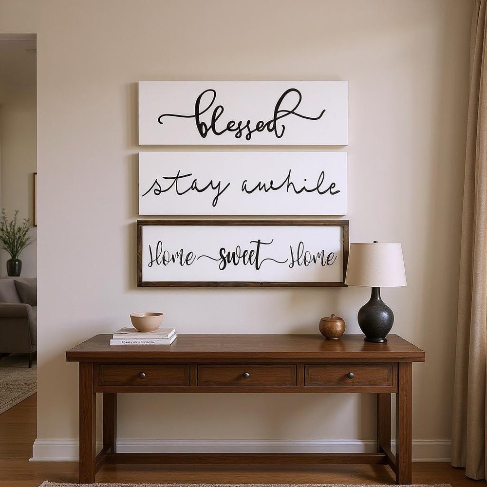 24" X 9" White And Black "Bless", "Stay A While", "Home Sweet Home" Wood Wall Decor