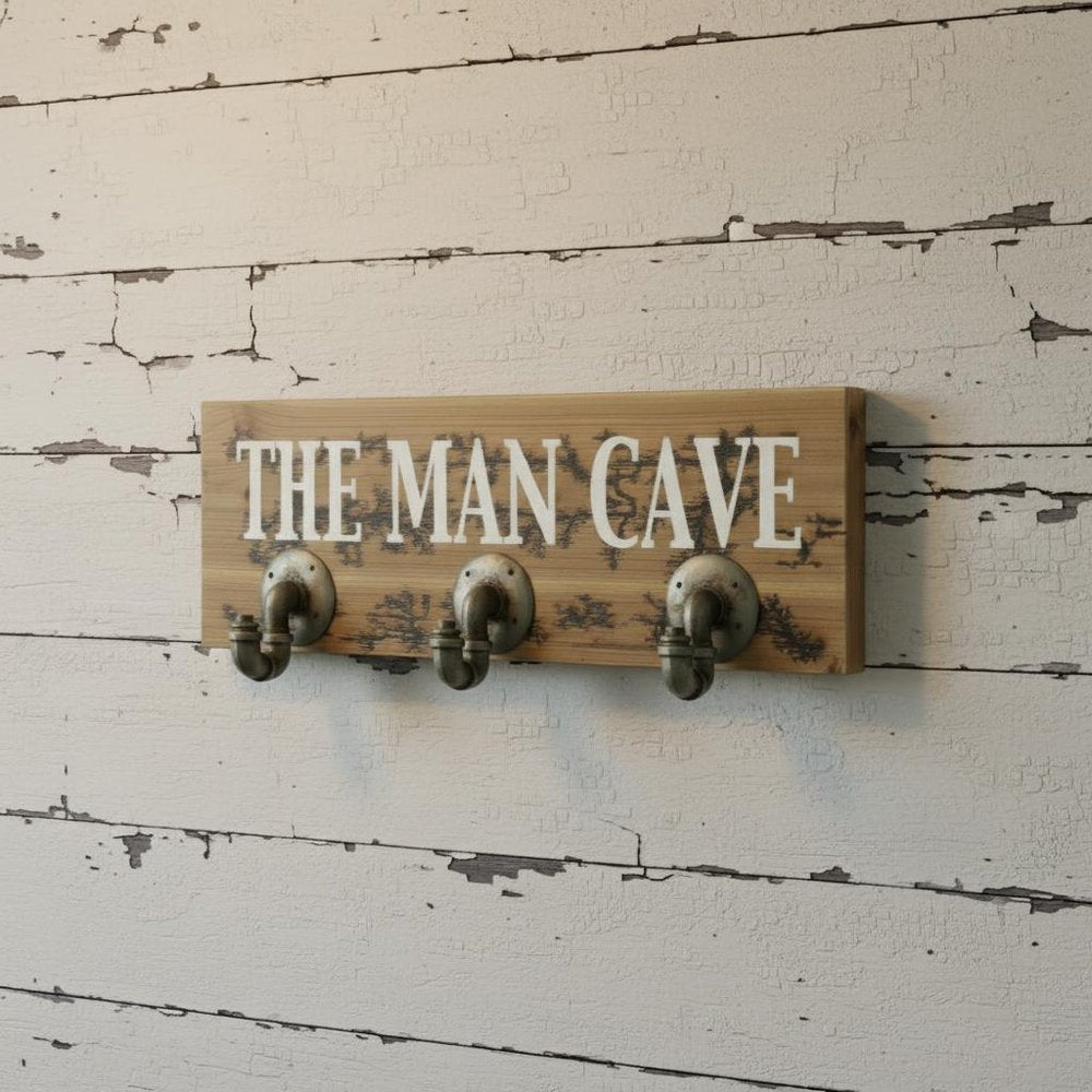 12" X 27" Natural Silver And White Man Cave Metal And Wood Wall Decor With Hooks