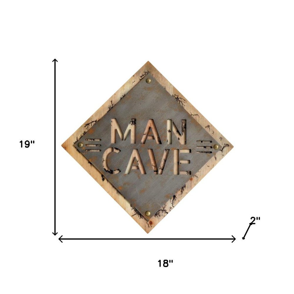 19" X 18" Gray And Natural Man Cave Metal And Wood Wall Decor