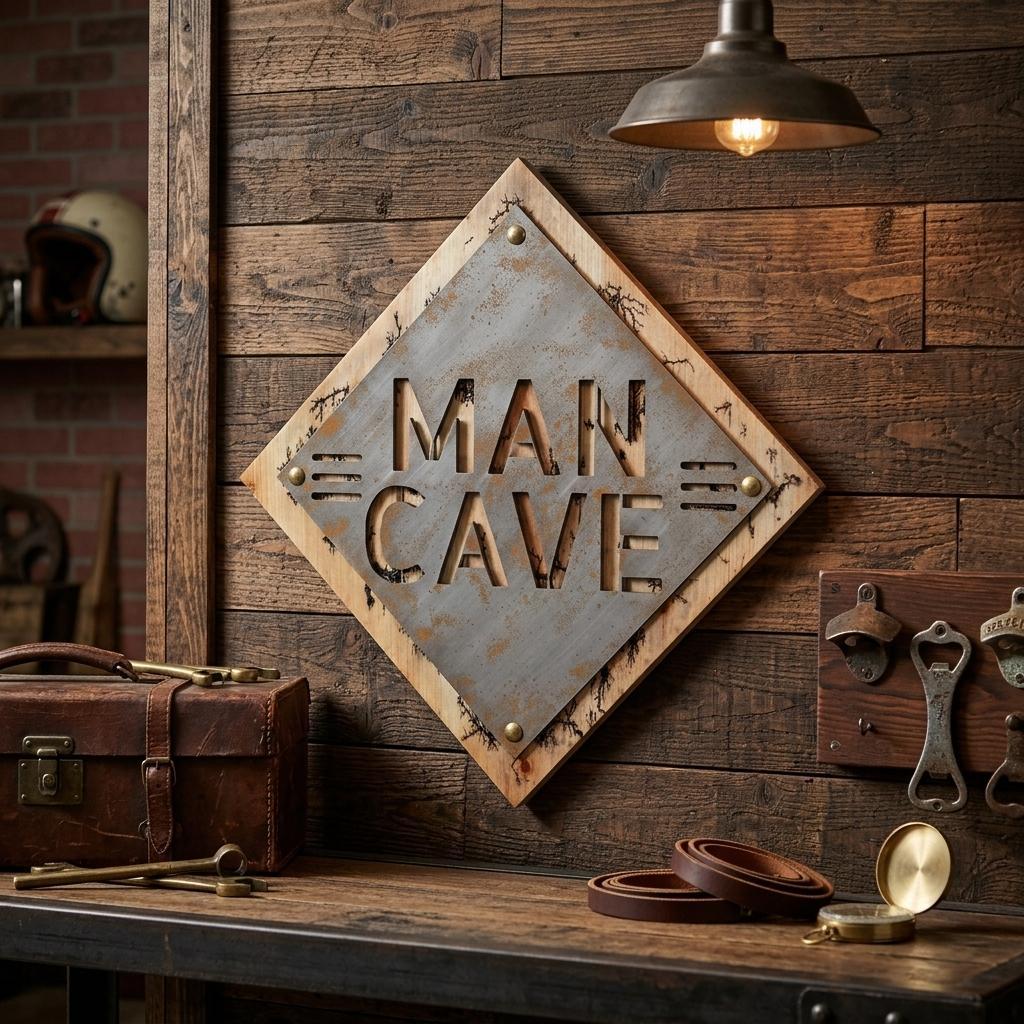 19" X 18" Gray And Natural Man Cave Metal And Wood Wall Decor