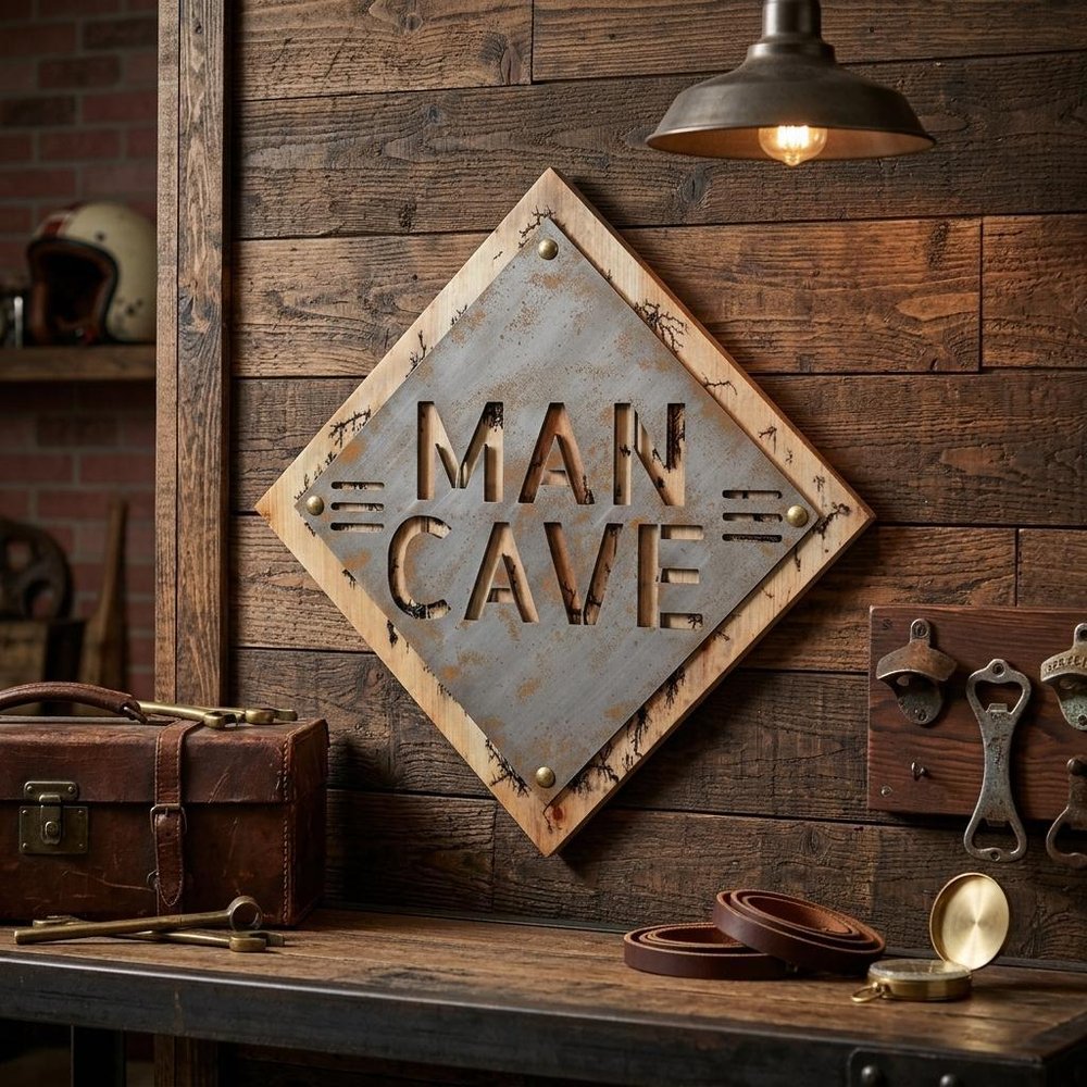19" X 18" Gray And Natural Man Cave Metal And Wood Wall Decor