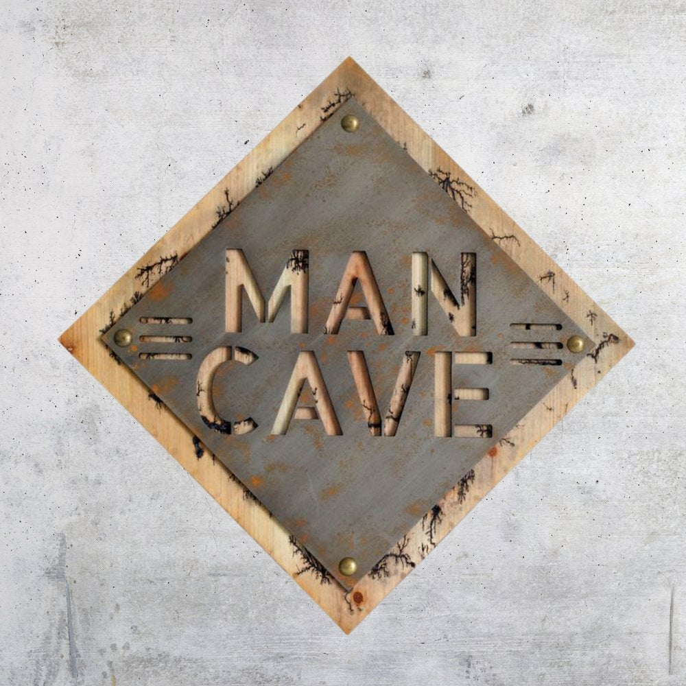 19" X 18" Gray And Natural Man Cave Metal And Wood Wall Decor