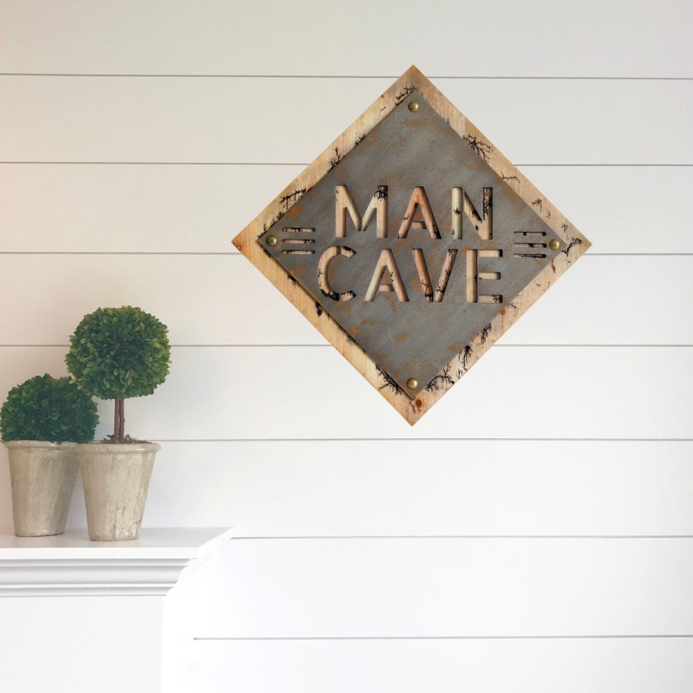 19" X 18" Gray And Natural Man Cave Metal And Wood Wall Decor